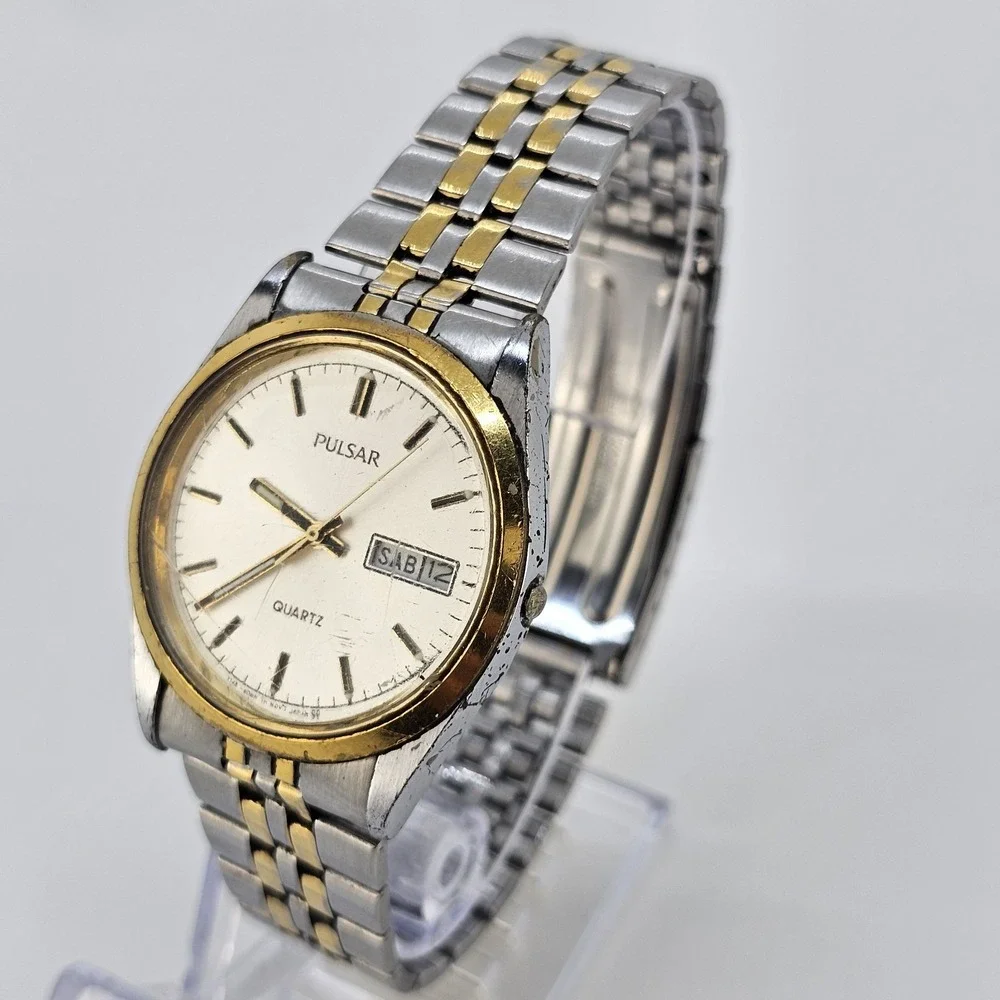 VTG Pulsar Men's Watch 35MM Gray Dial Day Date Two Tone Band 7.5